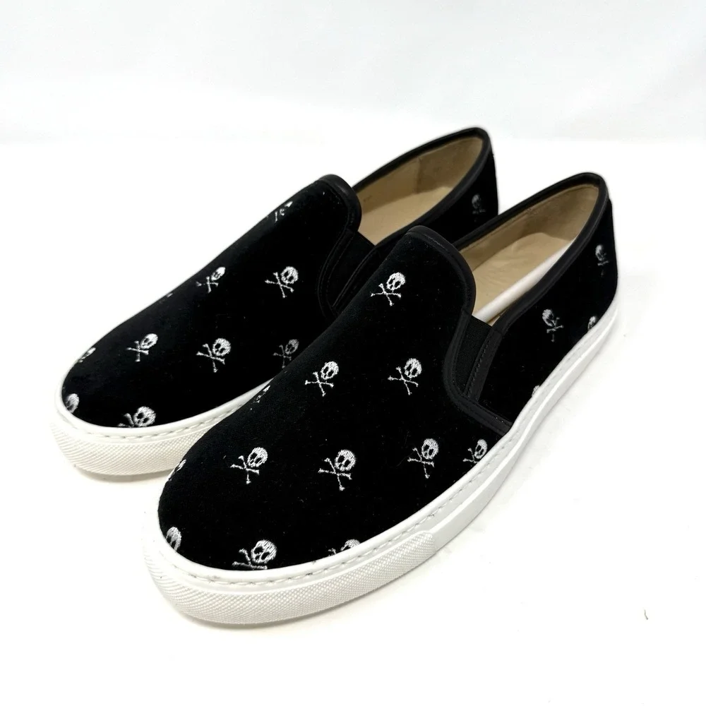 Jon Josef Bari Sneaker Loafer‎ Slip-on Shoe Black Velvet Skull & Crossbones 38 8